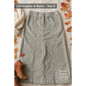 Christopher & Banks Olive Striped Midi Skirt Size 8 A-Line Vintage Style